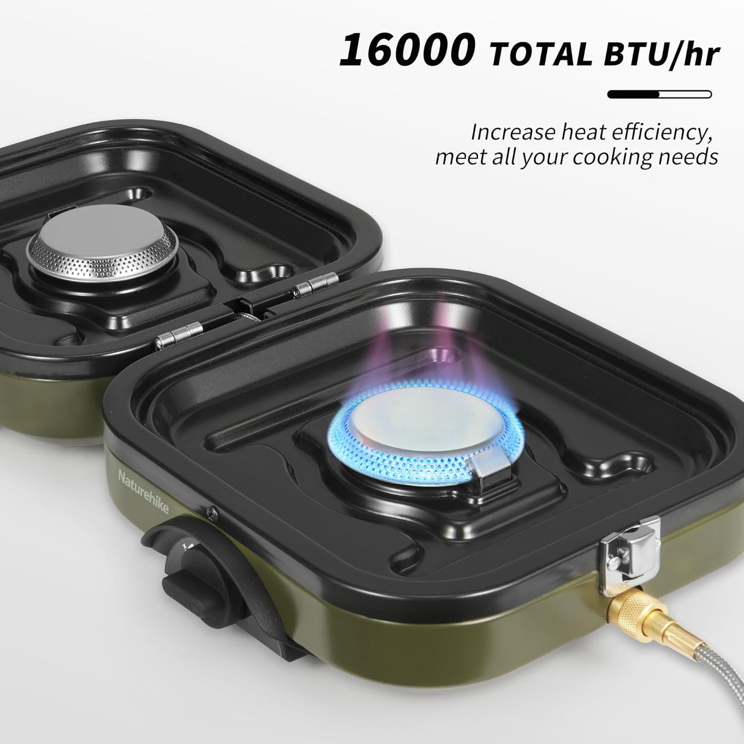 image:imageNaturehike 2 Burner Folding Camping Stove with Griddle Portable Camp Isobutane Gas Stove with 16000 BTU Adjustable Burners amp Piezo IgnitionIsobutane Gas Griddle