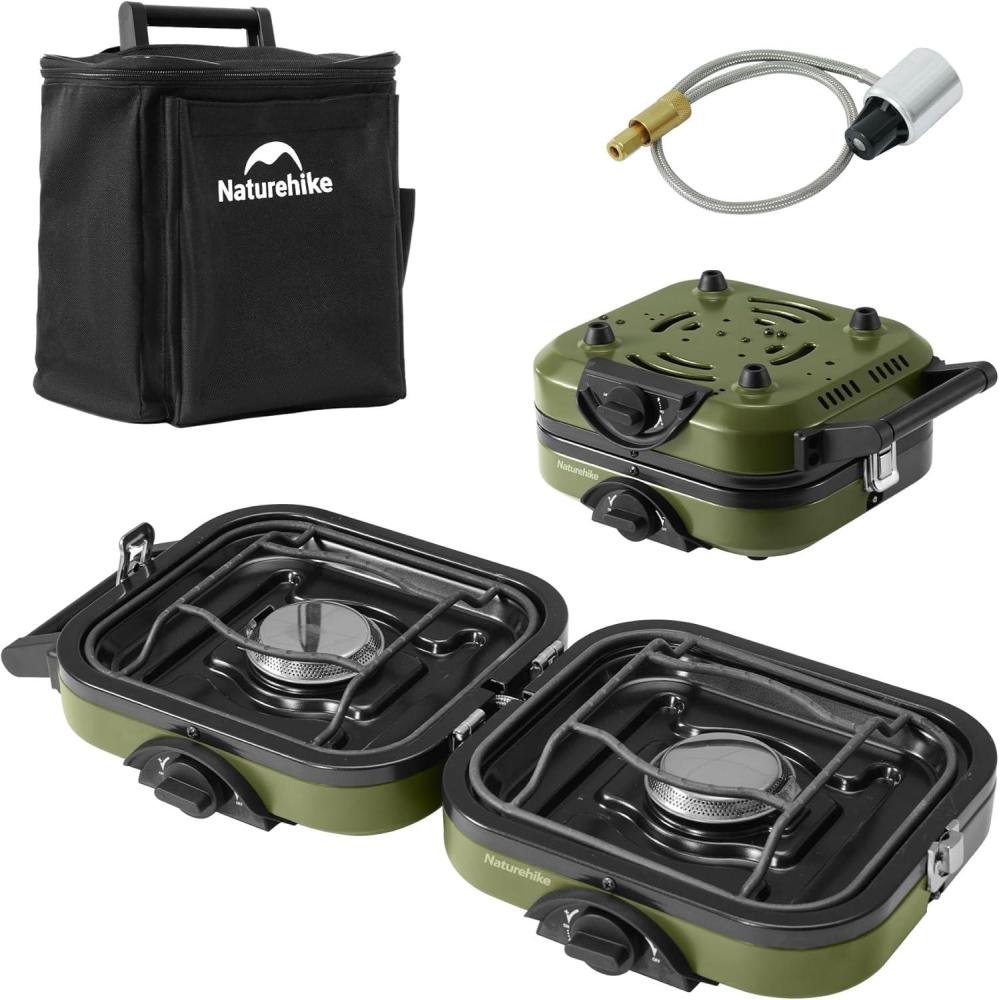 image:imageNaturehike 2 Burner Folding Camping Stove with Griddle Portable Camp Isobutane Gas Stove with 16000 BTU Adjustable Burners amp Piezo IgnitionGreenPropane Gas Storage Bag