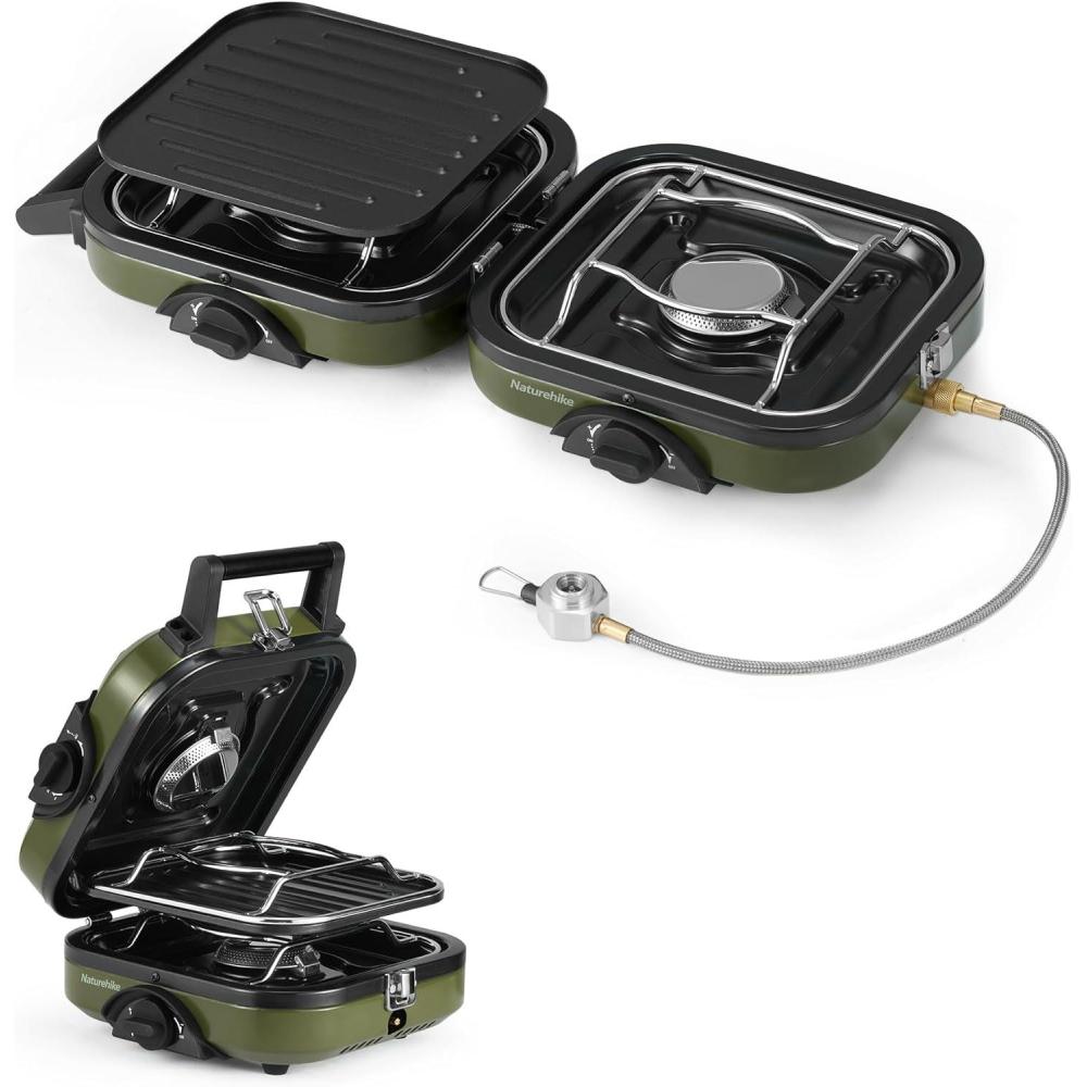 image:imageNaturehike 2 Burner Folding Camping Stove with Griddle Portable Camp Isobutane Gas Stove with 16000 BTU Adjustable Burners amp Piezo IgnitionIsobutane Gas Griddle