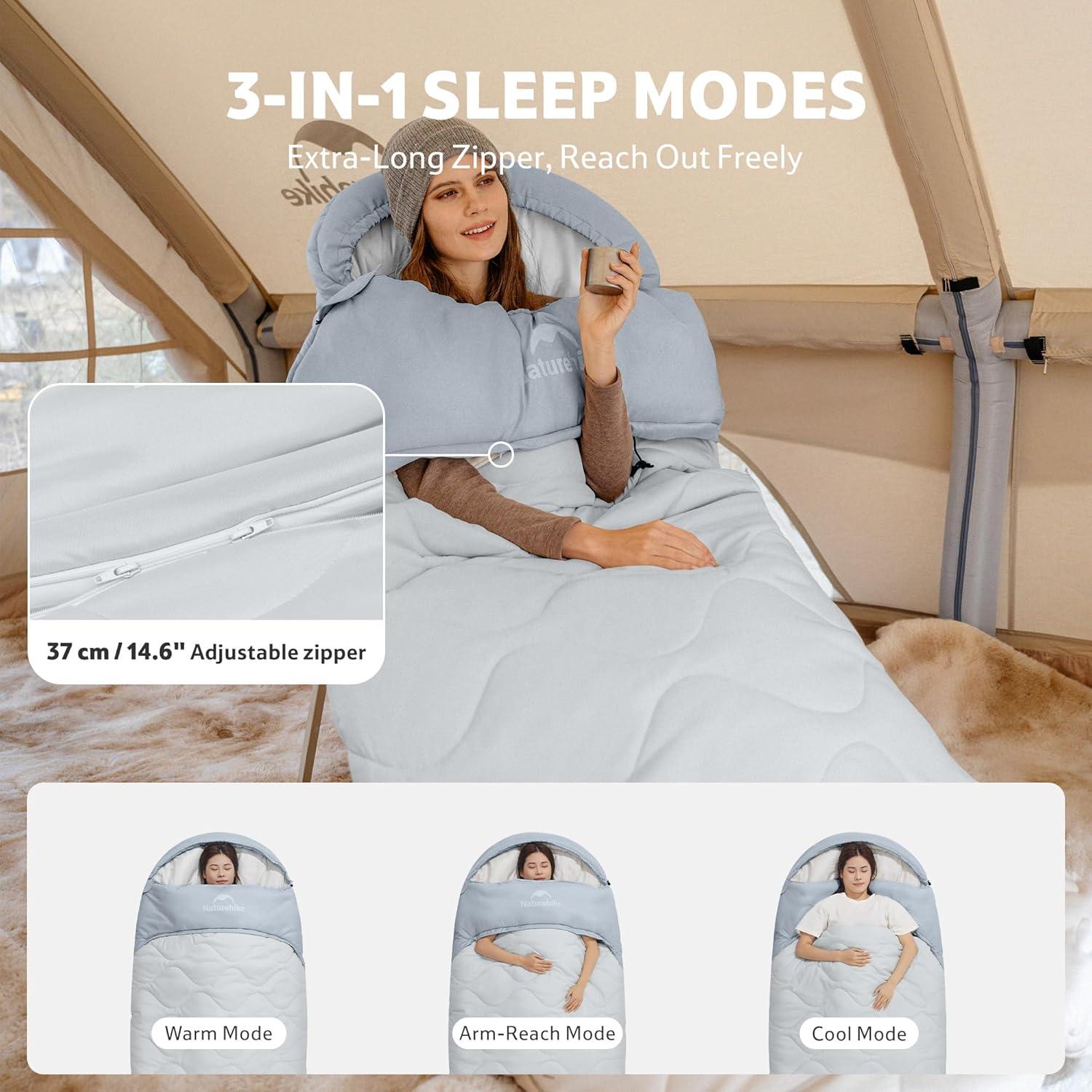 image:imageNaturehike XXL Oval Sleeping Bag for Adults Protein Fibers Sleeping Bag with Arm Zippers for All Seasons Machine Washable Sleeping Bags for Camping Home Office PFASFree FabricGray54
